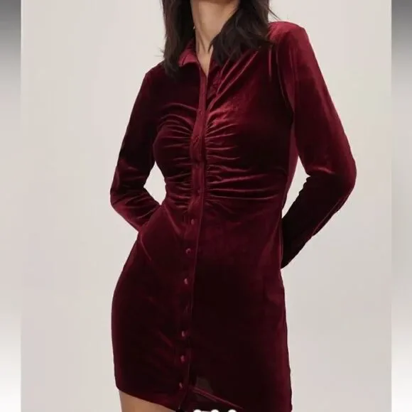 House Of Harlow 1960 Velvet Mini Burgundy Dress Ruched Shirt Size S - Picture 5 of 10